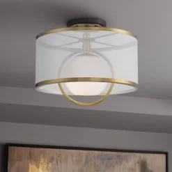 Possini Euro Design Carlyn Modern Art Deco Ceiling Light Semi Flush Mount Fixture 14" Wide Warm Brass Black Orb Organza Drum Shade For Bedroom Kitchen