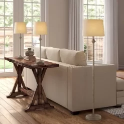360 Lighting Carter Rustic Farmhouse 3 Piece Table Floor Lamp Set Beige Metal Cream Fabric Tapered Drum Shade For Living Room Bedroom Office House