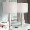 360 Lighting Geoff Modern Table Lamps 26" High Set Of 2 Brushed Nickel With USB Charging Port Table Top Dimmers White Drum Shade For Living Room Desk