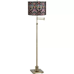 360 Lighting Chic Style Swing Arm Adjustable Floor Lamp 70" Tall Antique Brass Embroidered Drum Shade For Living Room Reading House