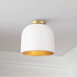 Possini Euro Design Merrick Modern Industrial Ceiling Light Flush Mount Fixture 9 1/4" Wide White Cement Gold For Bedroom Kitchen Living Room Hallway