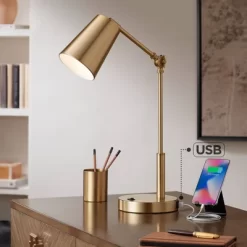360 Lighting Industrial Modern Desk Lamp With USB And AC Power Outlet 23.5" High Antique Brass Metal For Living Room Bedroom House Bedside