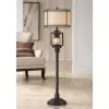 Barnes And Ivy Henson Industrial Floor Lamp 63" Tall Bronze With LED Nightlight Earthy Fabric Drum Shade For Living Room Bedroom Office House Home