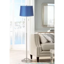 360 Lighting Abba Modern Floor Lamp Standing 66" Tall Brushed Nickel Metal Blue Satin Fabric Drum Shade For Living Room Bedroom Office House Home