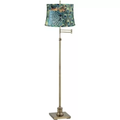 360 Lighting Swing Arm Floor Lamp Adjustable Height 70" Tall Antique Brass Peacock Print Drum Shade Living Room Reading Bedroom