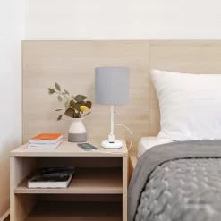 19.5" Bedside Power Outlet Base Metal Table Desk Lamp In White With Gray Fabric Shade - Creekwood Home -Light Up Deals Store GUEST 323aceae 1637 430b b380 1dcb6147741e
