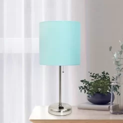 19.5" Bedside Power Outlet Base Metal Table Desk Lamp In Brushed Steel With Aqua Blue Fabric Shade - Creekwood Home -Light Up Deals Store GUEST 32c64d80 812c 4671 a4fd 6334eb596bcd