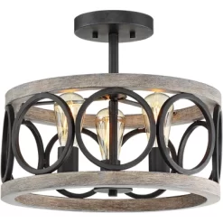 Franklin Iron Works Salima Rustic Farmhouse Ceiling Light Semi Flush Mount 16" Wide Black Gray Wood 3-Light For Bedroom Kitchen Living Room Hallway -Light Up Deals Store GUEST 46662c9b 2592 4b8d 8649 9214b1f5f688