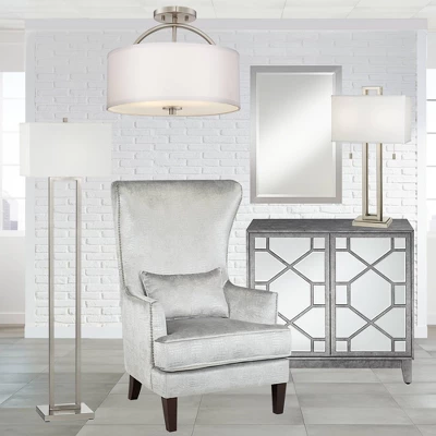 Possini Euro Design Halsted Modern Ceiling Light Semi Flush Mount Fixture 15" Wide Brushed Nickel 2-Light Oatmeal Linen Drum For Bedroom Living Room 6 Possini Euro Design Halsted Modern Ceiling Light Semi Flush Mount Fixture 15" Wide Brushed Nickel 2-Light Oatmeal Linen Drum For Bedroom Living Room - Image 6