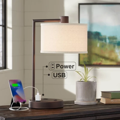360 Lighting Colby Modern Desk Lamp 21" High Bronze With USB And AC Power Outlet In Base White Linen Drum Shade For Bedroom Living Room Office Family 1 360 Lighting Colby Modern Desk Lamp 21" High Bronze With USB And AC Power Outlet In Base White Linen Drum Shade For Bedroom Living Room Office Family