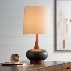 360 Lighting Andi Modern Mid Century Table Lamp 24 1/2" High Hammered Brown Ceramic Red Oak Wood Off White Shade For Bedroom Living Room Bedside Desk