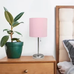 19.5" Bedside USB Port Feature Metal Table Desk Lamp Brushed Steel With Light Pink Fabric Shade - Creekwood Home -Light Up Deals Store GUEST 5d653d18 a921 40f0 aad2 e92b21c623ec