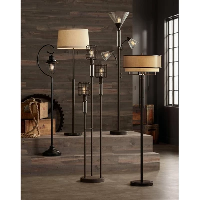 Franklin Iron Works Alamo Industrial Rustic Floor Lamp 62" Tall Bronze Metal Sheer Organza Outer Linen Fabric Inner Double Drum Shade For Living Room 8 Franklin Iron Works Alamo Industrial Rustic Floor Lamp 62" Tall Bronze Metal Sheer Organza Outer Linen Fabric Inner Double Drum Shade For Living Room - Image 8