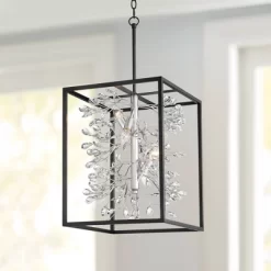 Possini Euro Design Black Silver Pendant Chandelier 15 1/4" Wide Modern Clear Crystal Flower Vine 4-Light Fixture For Dining Room House