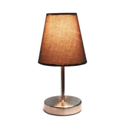 10.5" Petite Metal Stick Bedside Table Desk Lamp In Sand Nickel With Fabric Shade Brown - Creekwood Home