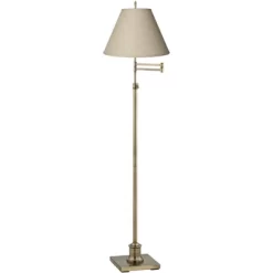 360 Lighting Swing Arm Floor Lamp 70" Tall Antique Brass Fine Burlap Cotton Blend Fabric Empire Shade For Living Room Reading Office