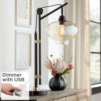 Franklin Iron Works Modern Industrial Desk Lamp 29" Tall With USB Charging Port Bronze Metal Cognac Glass Shade For Bedroom Living Room House Bedside 1 Franklin Iron Works Modern Industrial Desk Lamp 29" Tall With USB Charging Port Bronze Metal Cognac Glass Shade For Bedroom Living Room House Bedside