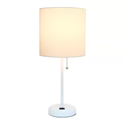 19.5" Bedside Power Outlet Base Metal Table Desk Lamp In White Fabric Shade - Creekwood Home