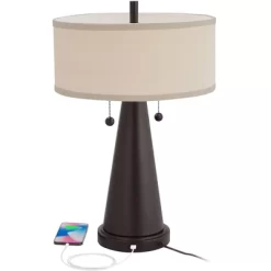Franklin Iron Works Craig Rustic Farmhouse Table Lamps Set Of 2 With Round Risers 24 1/2" High Bronze With USB Charging Port Natural Shade For Desk