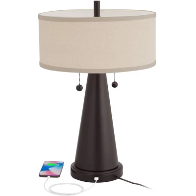 Franklin Iron Works Craig Rustic Farmhouse Table Lamps Set Of 2 With Round Risers 24 1/2" High Bronze With USB Charging Port Natural Shade For Desk 1 Franklin Iron Works Craig Rustic Farmhouse Table Lamps Set Of 2 With Round Risers 24 1/2" High Bronze With USB Charging Port Natural Shade For Desk