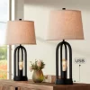 360 Lighting Marcel Industrial Table Lamps 24 1/4" High Set Of 2 Black With USB Port LED Nightlight Burlap Drum Shade For Bedroom Living Room Desk
