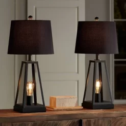Franklin Iron Works Kacey Industrial Table Lamps 25 1/4" High Set Of 2 Dark Metal With USB LED Nightlight Black Faux Silk Shade For Living Room Desk -Light Up Deals Store GUEST 8fd8cff2 89f5 43d0 b673 9c0a75354ac5