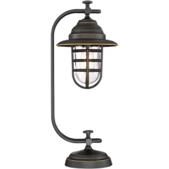 Franklin Iron Works Knox Industrial Desk Lamp 24" High Oil Rubbed Bronze LED Cage Glass Shade For Bedroom Living Room Bedside Nightstand Office House -Light Up Deals Store GUEST a46db50e 61f4 4da8 8d78 a0c1813f6b2e