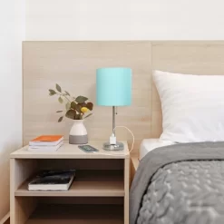 19.5" Bedside Power Outlet Base Metal Table Desk Lamp In Brushed Steel With Aqua Blue Fabric Shade - Creekwood Home -Light Up Deals Store GUEST a812ad80 4f1b 41d3 8c5e b4a6b3b919a3