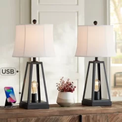 Franklin Iron Works Kacey Modern Table Lamps 25 1/4" High Set Of 2 Dark Metal With USB Charging Port Nightlight LED White Softback Shade For Home Desk