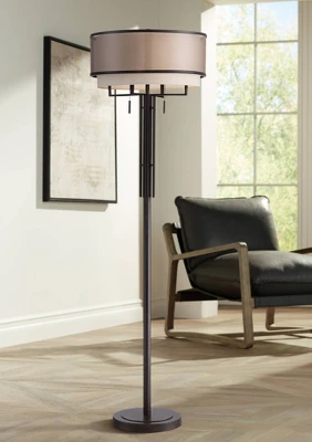 Franklin Iron Works Alamo Industrial Rustic Floor Lamp 62" Tall Bronze Metal Sheer Organza Outer Linen Fabric Inner Double Drum Shade For Living Room 1 Franklin Iron Works Alamo Industrial Rustic Floor Lamp 62" Tall Bronze Metal Sheer Organza Outer Linen Fabric Inner Double Drum Shade For Living Room