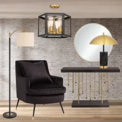 360 Lighting Rayna Mid Century Modern Downbridge Floor Lamp 61 1/2" Tall Black Gold Metal Off White Linen Drum Shade For Living Room Reading Bedroom -Light Up Deals Store GUEST b2cb1bba 72d8 4838 bb74 d79e6f3f5c32