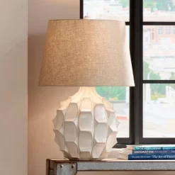 Possini Euro Design Cosgrove Modern Mid Century Table Lamp 26 1/2" High White Glazed Ceramic Light Brown Linen Drum Shade For Bedroom Living Room Home