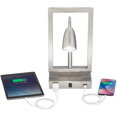 Possini Euro Design Modern Table Lamp With USB Outlet Reading Light LED 29.25" Tall Brushed Nickel Rectangular Off White Shade Bedroom Office 3 Possini Euro Design Modern Table Lamp With USB Outlet Reading Light LED 29.25" Tall Brushed Nickel Rectangular Off White Shade Bedroom Office - Image 3