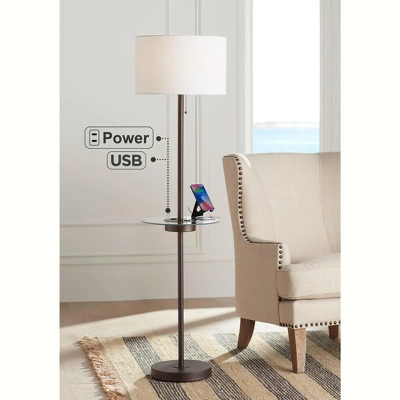 360 Lighting Caper Modern Floor Lamp With Tray Table 60 1/2" Tall Bronze USB And AC Power Outlet Off White Fabric Drum Shade For Living Room Office 1 360 Lighting Caper Modern Floor Lamp With Tray Table 60 1/2" Tall Bronze USB And AC Power Outlet Off White Fabric Drum Shade For Living Room Office