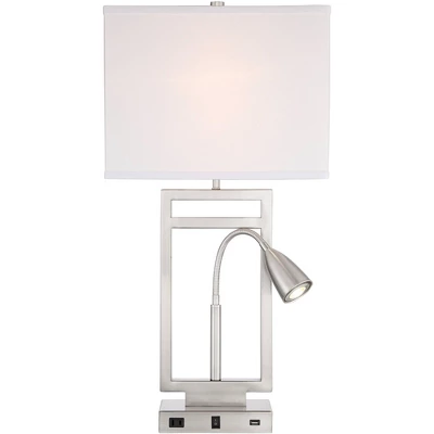 Possini Euro Design Modern Table Lamp With USB Outlet Reading Light LED 29.25" Tall Brushed Nickel Rectangular Off White Shade Bedroom Office 8 Possini Euro Design Modern Table Lamp With USB Outlet Reading Light LED 29.25" Tall Brushed Nickel Rectangular Off White Shade Bedroom Office - Image 8
