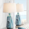 360 Lighting Carlton Modern Coastal Table Lamps 28" Tall Set Of 2 Swirling Blue Faux Marble White Tapered Drum Shade For Bedroom Living Room Bedside