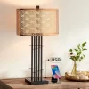 Possini Euro Design Deborah Modern Mid Century Table Lamp 30" Tall Black With USB Charging Port Gold Metal Double Drum Shades For Living Room Desk
