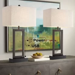 360 Lighting Todd Modern Table Lamps 30" Tall Set Of 2 Bronze With USB And AC Power Outlet In Base Oatmeal Shade For Bedroom Living Room Bedside Desk