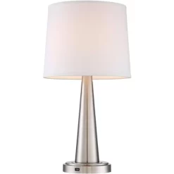 360 Lighting Karla Art Deco Style Table Lamps 25" High Set Of 2 Brushed Nickel With USB Charging Port And Table Top Dimmers White Fabric Drum For Desk -Light Up Deals Store GUEST d4513474 0e29 403f 915c 0f0049034786