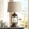 Franklin Iron Works Andreas Industrial Table Lamp 26" High Brown Metal With Nightlight LED And USB Charging Port Oatmeal Shade For Living Room Desk