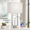 Possini Euro Design Modern Table Lamp With USB Outlet Reading Light LED 29.25" Tall Brushed Nickel Rectangular Off White Shade Bedroom Office