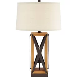 Franklin Iron Works Gaines Rustic Farmhouse Table Lamp 28 1/2" Tall Bronze Wood With LED Nightlight Off White Burlap Drum Shade For Bedroom House Home -Light Up Deals Store GUEST e0f2cae7 60ae 45cc 987d 7e4a8d94e71d