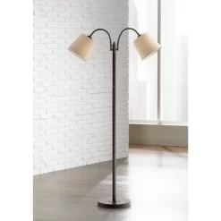 360 Lighting Modern Floor Lamp 56" Tall Dark Bronze Twin Arm Adjustable Gooseneck Neutral Cotton Drum Shade For Living Room Reading Bedroom