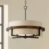 Possini Euro Design Bronze Wood Finish Pendant Chandelier 22" Wide Rustic Farmhouse Tan Fabric Drum 4-Light Fixture For Dining Room House