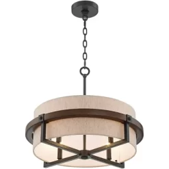 Possini Euro Design Bronze Wood Finish Pendant Chandelier 22" Wide Rustic Farmhouse Tan Fabric Drum 4-Light Fixture For Dining Room House -Light Up Deals Store GUEST f0d0f05a 32c1 47ab a51c ccb88a583cb8