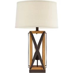 Franklin Iron Works Gaines Rustic Farmhouse Table Lamp 28 1/2" Tall Bronze Wood With LED Nightlight Off White Burlap Drum Shade For Bedroom House Home -Light Up Deals Store GUEST f3ad3aae 7a46 4b96 8bc4 e0531e719c10