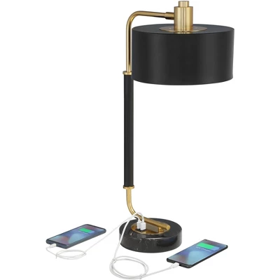 Possini Euro Design Myles Modern Mid Century Desk Lamp 24" High Black Gold With Dual USB Charging Ports Metal Drum Shade For Bedroom Living Room Home 2 Possini Euro Design Myles Modern Mid Century Desk Lamp 24" High Black Gold With Dual USB Charging Ports Metal Drum Shade For Bedroom Living Room Home - Image 2