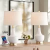 360 Lighting Nesbit Modern Mid Century Table Lamps 25" High Set Of 2 White Ceramic With USB Charging Port Drum Shade For Bedroom Living Room Bedside