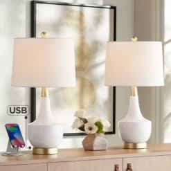 360 Lighting Nesbit Modern Mid Century Table Lamps 25" High Set Of 2 White Ceramic With USB Charging Port Drum Shade For Bedroom Living Room Bedside
