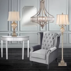 Barnes And Ivy Olde Vintage Floor Lamp 63 1/2" Tall Olde Silver With LED Nightlight Mercury Glass Faux Silk Bell Shade For Living Room Office House -Light Up Deals Store GUEST fb0863f4 3137 400f b806 11330855108b